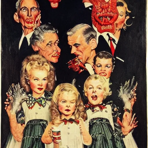 Prompt: satanic states of america, alternate history, norman rockwell paintings of satanic gothic stepford family, 1 9 5 0 s american family