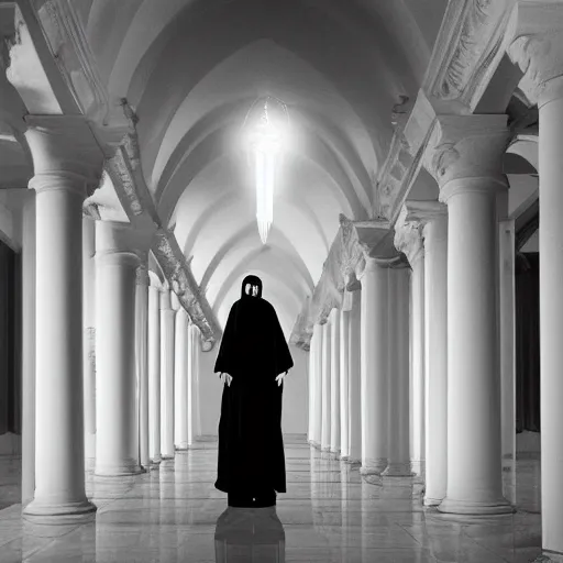 Image similar to nightmare vision, long depth of field. black and white, award winning photo of smiling levitating twin nuns, wearing translucent sheet, Mary in a sanctuary, mirror hallways, eerie, tall columns, frightening —width 1024 —height 1024