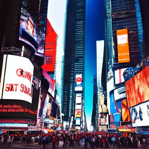 Prompt: Giant person visiting time square, stuck between buildings, wlop