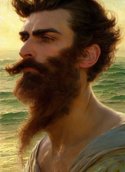 Image similar to detailed cinematic wide shot of muscular attractive young portuguese man beard slim face symmetrical face tanskin green eyes white hair wearing sea clothes, ultra realistic, spring light, painting by gaston bussiere, craig mullins, j. c. leyendecker