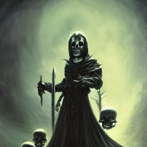 Prompt: black void chalice, longsword, skull, small white mushrooms, light from above, seb mckinnon