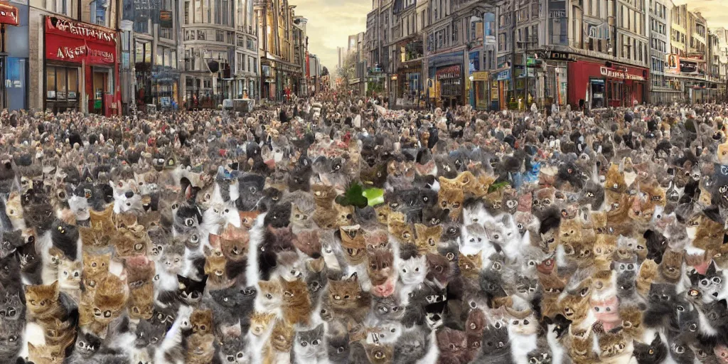 Image similar to a crowd of cats protesting in a busy street, 3d detailed, digital art