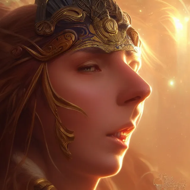 Image similar to close up portrait of a beautiful fantasy female warrior, shiny skin, glowing hair, subsurface scattering, artistic, magical glowing background with light rays, fantasy atmosphere. art by artgerm, greg rutkowski and alphonse mucha, highly detailed, intricate, lifelike. sci - fi, fantasy, magical, octane render,
