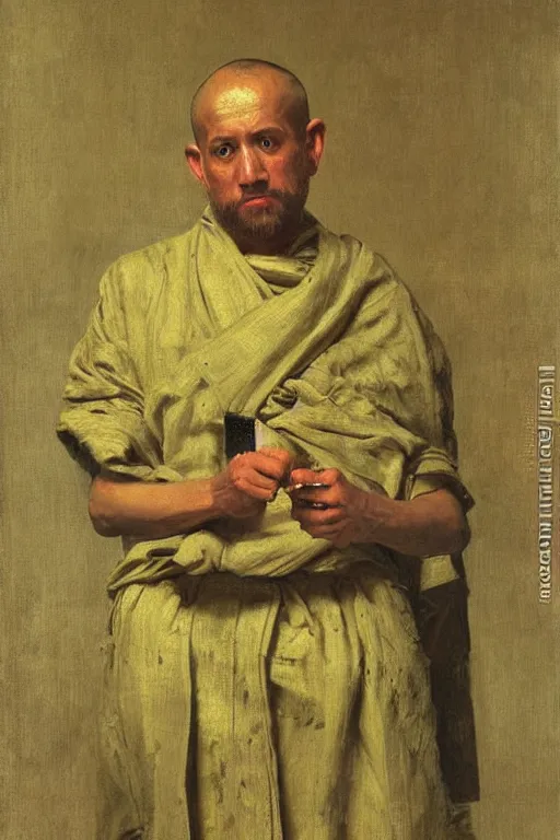 Image similar to robot monk painting a self - portrait on a canvas. intricate, highly detailed, photorealistic, film still, by ilya repin.