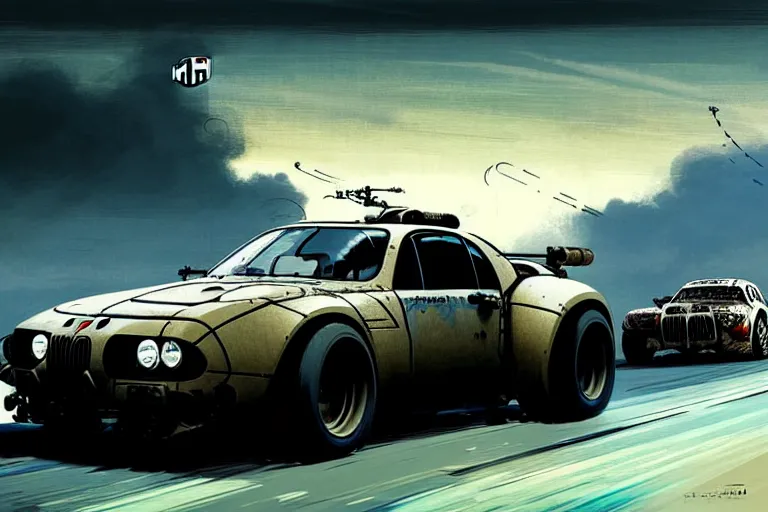 Image similar to dieselpunk mad max's bmw m 1 alpine a 1 1 0 : : speeding over the horizon : : painted by greg rutkowski makoto shinkai takashi takeuchi studio ghibli, akihiko yoshida