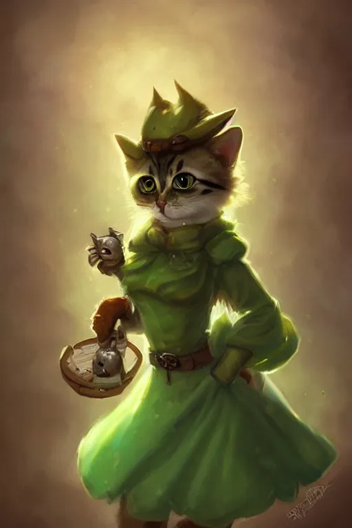 Image similar to cute little anthropomorphic Cat with big green eyes in summer dress, tiny, small, short, outfit, cute and adorable, pretty, beautiful, DnD character art portrait, matte fantasy painting, DeviantArt Artstation, by Jason Felix by Steve Argyle by Tyler Jacobson by Peter Mohrbacher, cinematic lighting