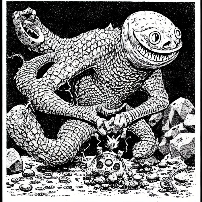 Image similar to an octorok spitting rocks, as a d & d monster, pen - and - ink illustration, etching, by russ nicholson, david a trampier, larry elmore, 1 9 8 1, hq scan, intricate details, high contrast