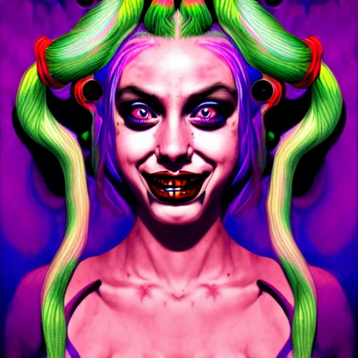 Image similar to an extremely psychedelic portrait of harley quinn as medusa, surreal, lsd, face, detailed, intricate, elegant, lithe, highly detailed, digital painting, artstation, concept art, smooth, sharp focus, illustration