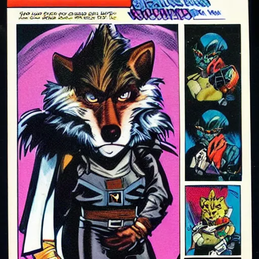 Image similar to 1 9 8 0 s comic book cover scan featuring a portrait of villain male wolf o'donnell anthropomorphic wolf furry fursona from starfox wearing a dark space mercenary uniform, dark grey wolf, handsome eyes, wolf o'donnell