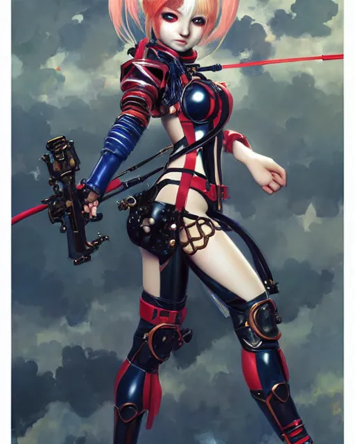 Prompt: portrait of beautiful cute maiden anime harley quinn girl in warhammer mechanical armor, high details, art by ( ( ( kuvshinov ilya ) ) ) and wayne barlowe and gustav klimt and artgerm and wlop and william - adolphe bouguereau