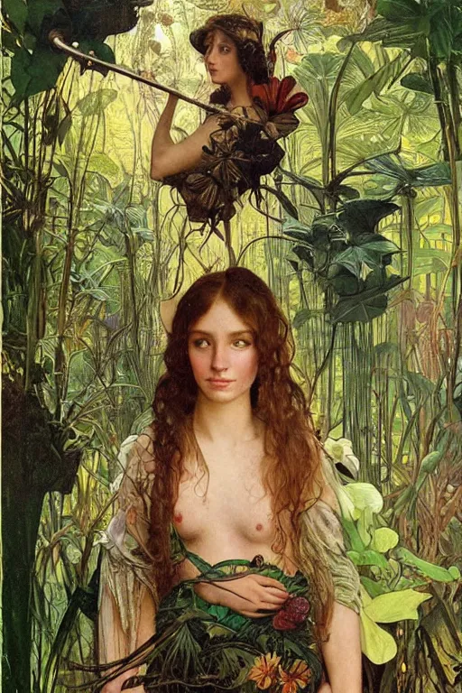 Prompt: realistic detailed portrait of bohemian girl in jungle by denis villeneuve, amano, yves tanguy, alphonse mucha, ernst haeckel, max ernst, roger dean, ridley scott, dynamic closeup