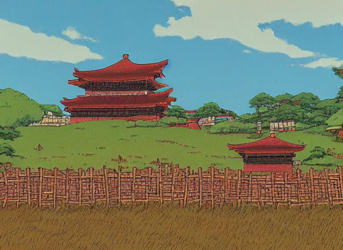 Image similar to red and brown japanese fort in a meadow with chickens by studio ghibli painting