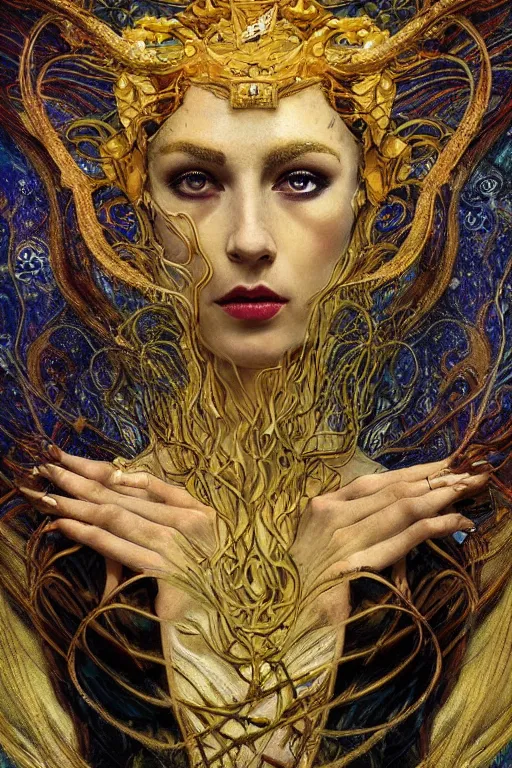 Image similar to Intermittent Chance of Chaos Muse by Karol Bak, Jean Deville, Gustav Klimt, and Vincent Van Gogh, beautiful inspiring portrait, enigma, Loki's Pet Project, destiny, Poe's Angel, fate, Surreality, inspiration, muse, otherworldly, fractal structures, arcane, ornate gilded medieval icon, third eye, spirals