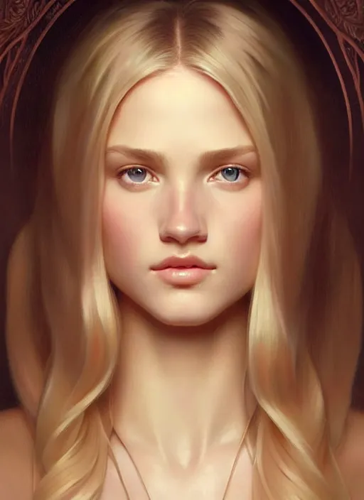 Image similar to perfectly feminine face!! portrait of young wife blessed by god with ever - increasing physical mental perfection, blonde, symmetrical! intricate, sensual features, highly detailed, biblical divine holy perfection!! digital painting, artstation, concept art, smooth, sharp focus, illustration, art by artgerm and greg rutkowski and alphonse mucha