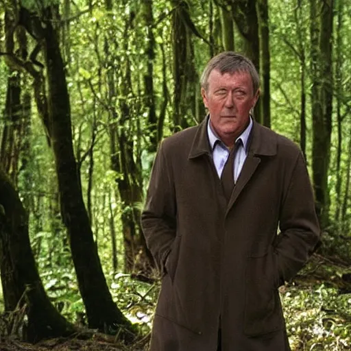 Image similar to John Nettles as DCI Tom Barnaby standing in a sunny forest clearing.