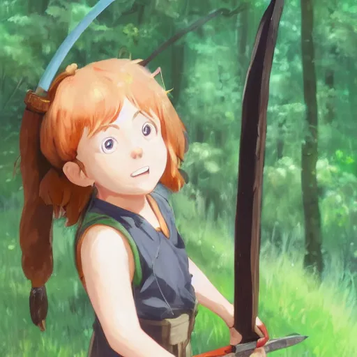 Prompt: portrait of a child with brown pigtails and green eyes, holding an axe, forest background, highly detailed, digital painting, artstation, matte, by makoto shinkai, animation style, studio ghibli, anime key visual