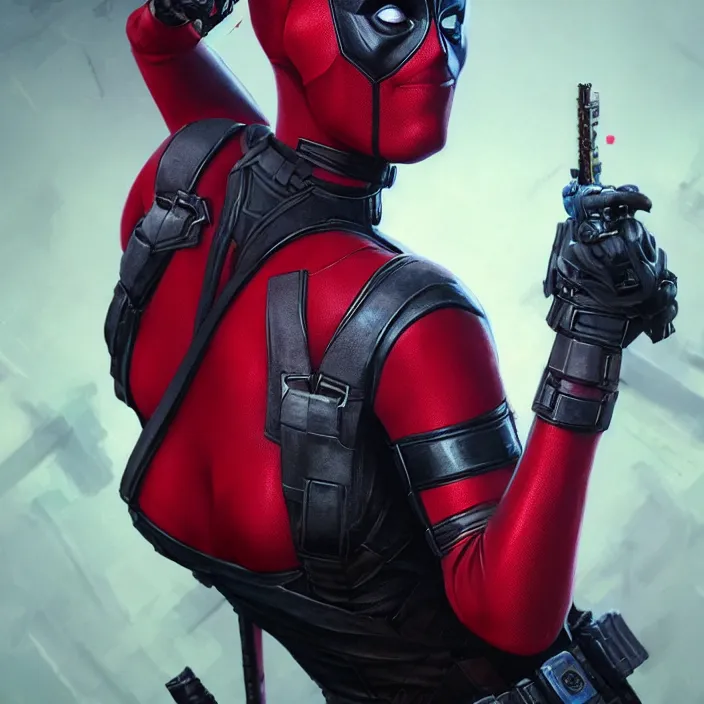 Image similar to charlize theron as lady deadpool. intricate abstract. intricate artwork. by tooth wu, wlop, beeple, dan mumford. octane render, trending on artstation, greg rutkowski very coherent symmetrical artwork. cinematic, hyper realism, high detail, octane render, 8 k, iridescent accents