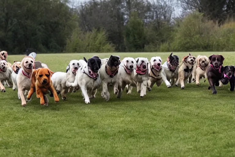 Image similar to a field full of dogs that are running in one direction