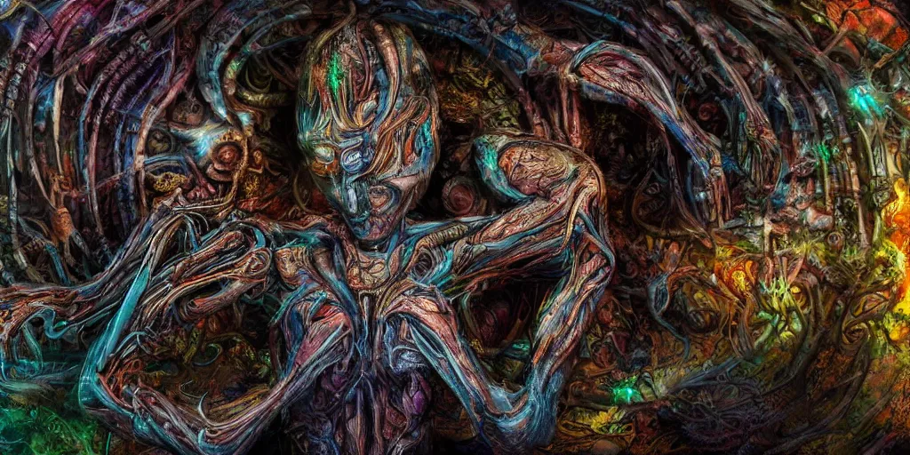 Image similar to dreamscape, giger, vivid colors, colorful, anatomical, highly detailed sculpture, intricate detailed, ommatidia, 8 k, cinematic atmosphere, post - processing