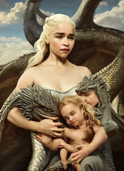 Image similar to emilia clarke as queen daenerys stormborn with her dragon babies, by salvador dali, detailed matte painting, 8 k resolution