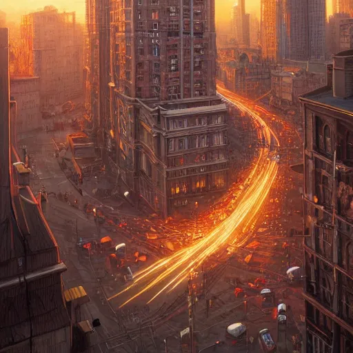 Image similar to detailed intricate digital illustration by greg rutkowski and artgerm and wlop and sanford robinson gifford ; anatomical human veins loom over city intersection ; 1 3 mm film, arri alfa anamorphic lens ; sharp focus ; golden hour, trending on artstation 8 k