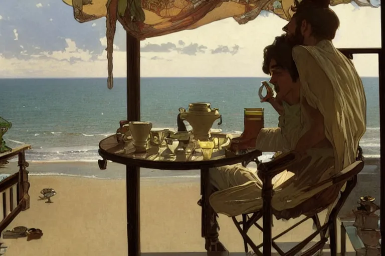 Image similar to a matte painting of a man sitting down and having a cup of tea in his house by the beach, by greg rutkowski, by alphonse mucha, muted colors