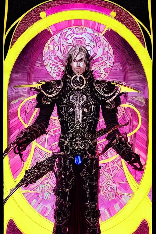 Prompt: a stunning and hypnotic full-color futuristic art nouveau styled action portrait of elric as a godlike and stoic chaos king, with weary and concerned red eyes, extremely detailed aquiline facial structure, art nouveau cybernetic armor and an intricately detailed magical rune-engraved hyperdetailed black sword that glows with ultraviolet eldritch power, perfectly symmetrical albino facial structure and linework, handsome alien facial characteristics, by travis charesyt, michael kaluta, michael whelan and bill sienkiewicz, dark sci-fantasy, deep complexity, male warrior king, sci-fi character concept, photorealism, spectacular framing, minimalist lighting, hyperrealism, 8k