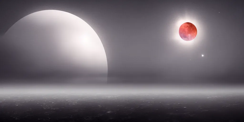 Image similar to lunar eclipse, but the moon is a triangle, sun rays, fog, photorealistic, calm environment