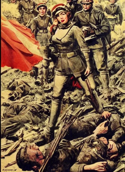 Image similar to beautiful female captain russia standing on a pile of defeated german soldiers. feminist captain russia wins wwii. soviet propaganda poster by james gurney