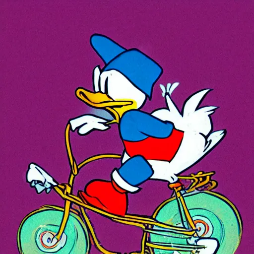 Image similar to donald duck riding a bike, in style of don rosa