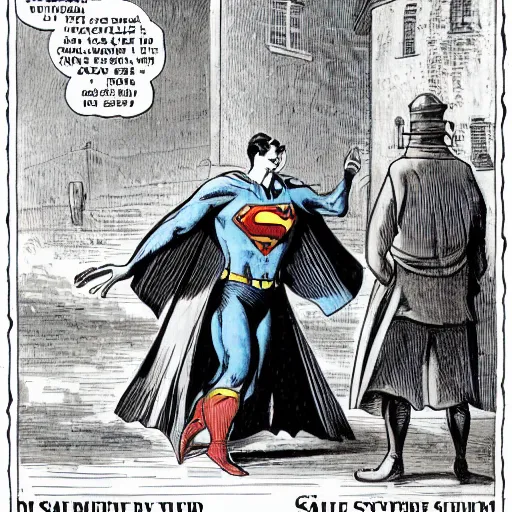 Image similar to Superman begging for alms on a street corner in the style of a 19th century cartoon