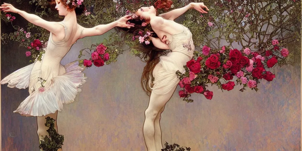 Prompt: realistic detailed painting of a ballet dancer girl full body flying in the air with roses, angels around by Alphonse Mucha Ayami Kojima Amano Charlie Bowater HR Giger, masterpiece