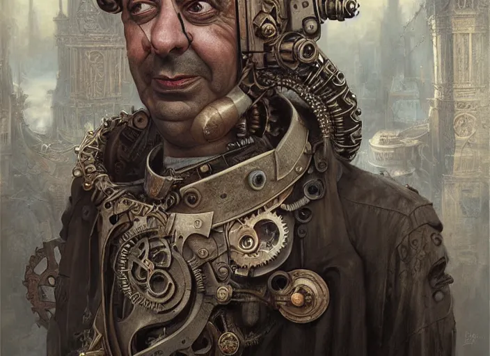 Image similar to steampunk portrait of rowan sebastian atkinson, by tomasz alen kopera and peter mohrbacher