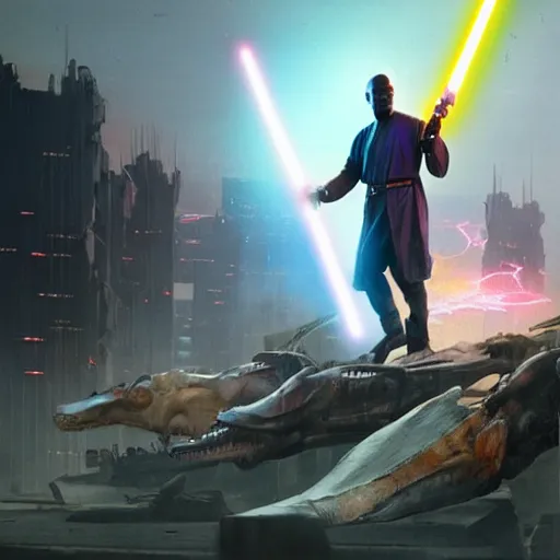 Prompt: a realistic portrait of mace windu holding a lightsaber fighting a group of dinosaurs in a destroyed cyberpunk city with lasers flying through the air by greg rutkowski