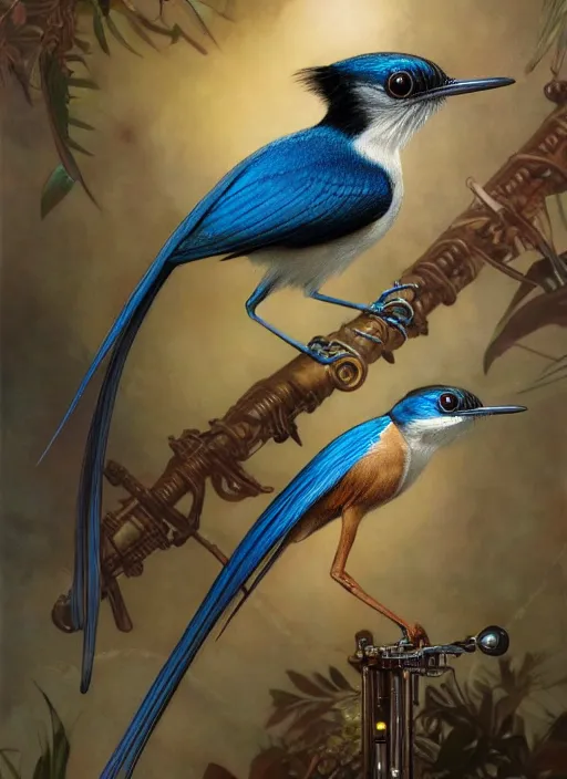 Image similar to hyper realistic paradise flycatcher, refined details, denoised, birds eye view, magical, gems, jewels, gold, steampunk, cyberpunk utopia, painted by tom bagshaw, mucha, gaston bussiere, craig mullins, j. c. leyendecker 8 k