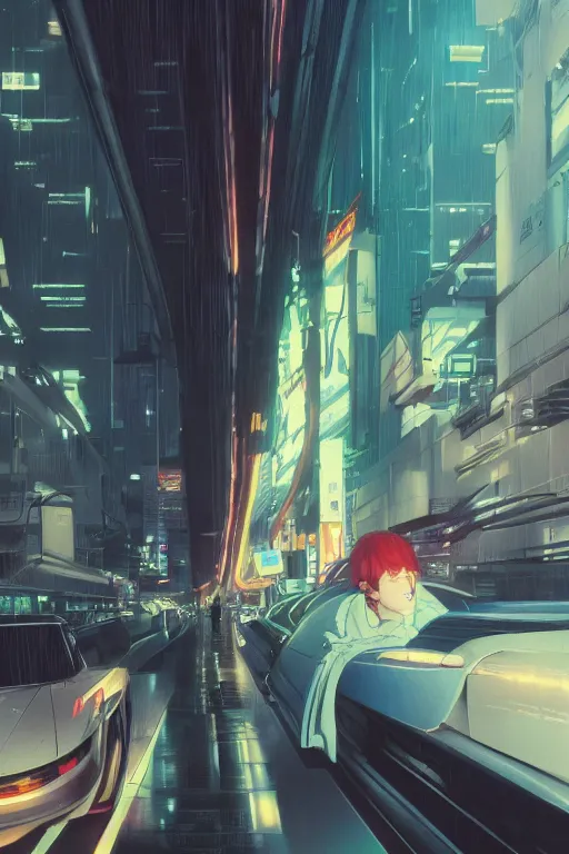 Image similar to Cinestill 800t, 8K, highly detailed, syd mead seinen manga 3/4 extreme closeup portrait, eye contact, focus on blade runner dress model, tilt shift zaha hadid style anime background: famous syd mead anime remake, lab scene