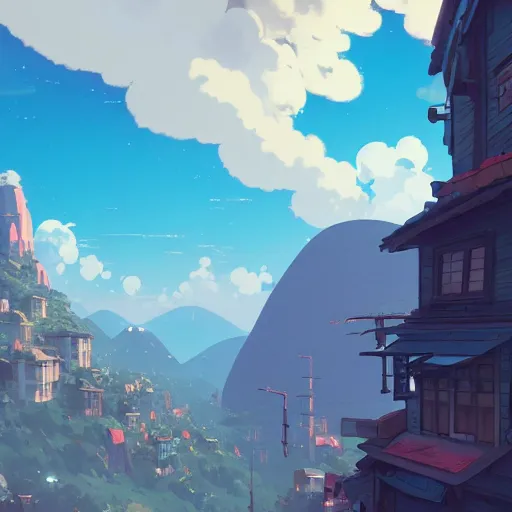 Image similar to a mountain city with lot's of clouds, detailed, cory loftis, james gilleard, atey ghailan, makoto shinkai, goro fujita, studio ghibli, rim light, exquisite lighting, clear focus, very coherent, plain background