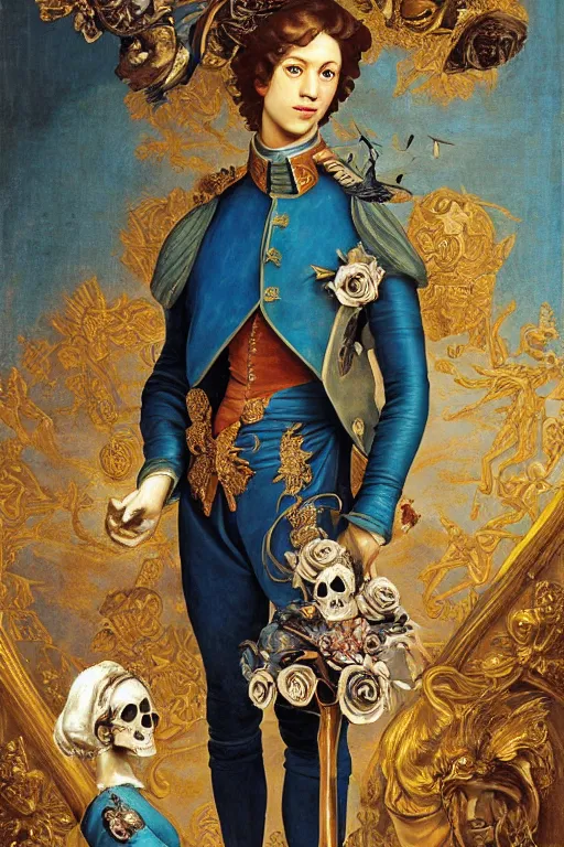 Image similar to a young handsome Spanish prince in a full-body bronze cyberpunk style statue of an android with glowing blue eyes with an open chest exposing a sparking motherboard chip, crown of peach roses, flowing teal-colored silk, fabric, flowers. baroque elements, human skull. full-length view. baroque element. intricate artwork by caravaggio. many many birds birds on background. Trending on artstation, octane render, cinematic lighting from the right, hyper realism, octane render, 8k, depth of field, 3D