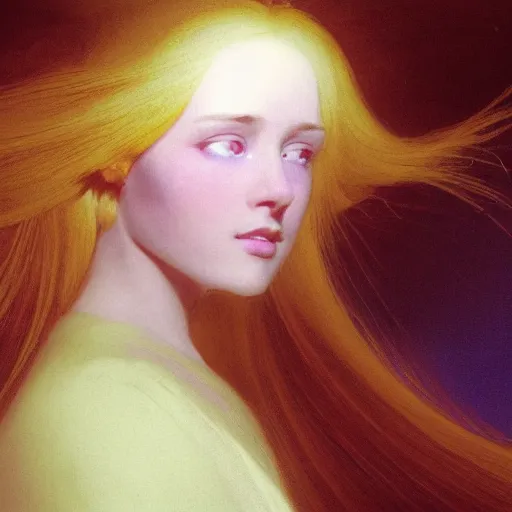 Image similar to a young woman's face, her hair is gold and she wears an cobalt blue satin cloak, by ivan aivazovsky and syd mead and moebius and gaston bussiere and roger dean and pieter claesz and paul delaroche and alma tadema and aelbert cuyp and jan eyck, hyperrealistic, volumetric light, octane render