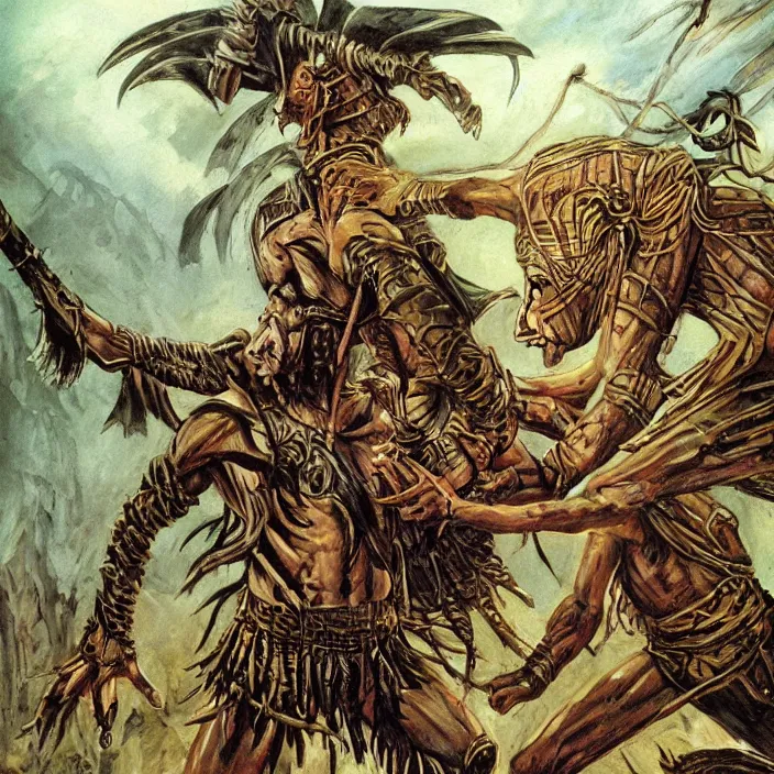 Image similar to The mummy touches the warrior's head , in jungle, old school dungeons and dragons art,