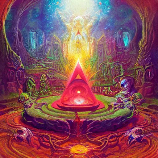 Image similar to sacred Ayahuasca, hermetic, occult, surreal, hidden knowledge by Paul Lehr, Karl Kopinski and Mandy Jurgens'