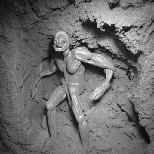 Prompt: found footage of a humanoid made of clay emerging from a wall inside of a cave made of clay, creepy, flash photography, unsettling, moist, low quality