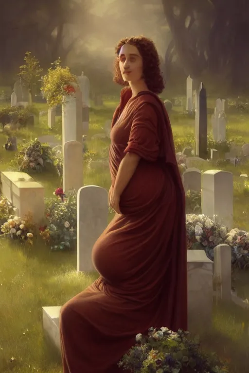 Prompt: portrait of a pregnant widow next to the grave, illustration, dramatic lighting, soft details, painting oil on canvas, art deco, octane render, HDR, 4k, 8k, HD, by Edmund Blair Leighton, Brom, Charlie Bowater, trending on artstation, faces by Tom Bagshaw, Sargent