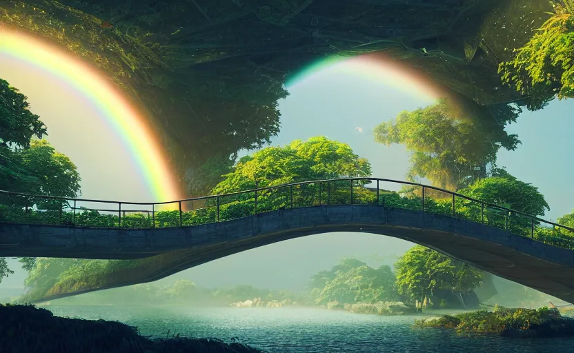 Prompt: incredible, mindblowing beautiful large rainbow bridge, front view, matte painting, artstation, solarpunk metropolis, cgsociety, dramatic lighting, vibrant greenery, concept art, octane render, arnold 3 d render