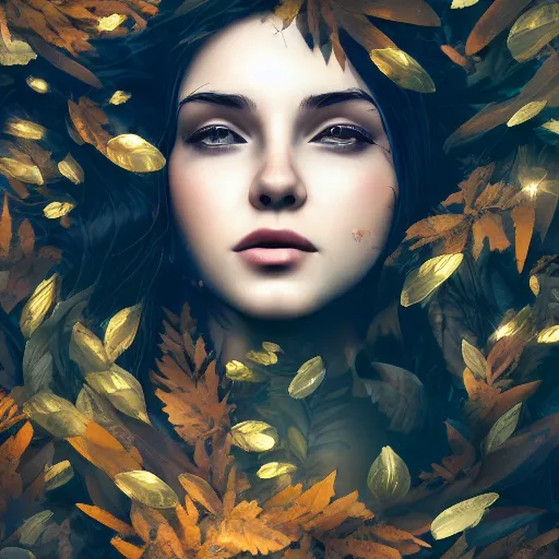 Prompt: a highly detailed digital image of a young woman surrounded and engulfed in leaves, matte background, artstation, detailed woman, stunning volumetric lighting, elegant, fantasy, 4k