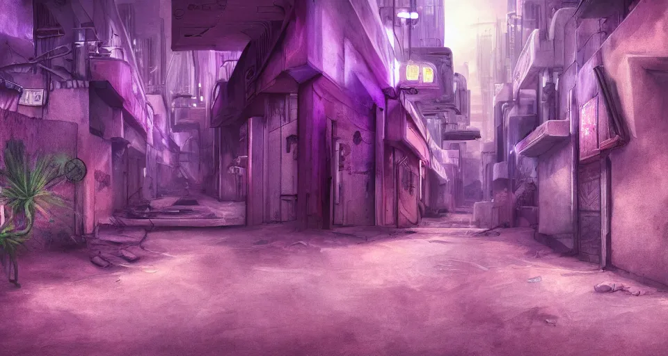 Image similar to Sci-fi wallpaper of an alley in a desert city, close-up view, purple color-theme, cinematic, science-fiction art wallpaper, stunning digital art