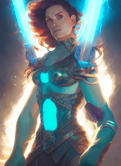 Image similar to Battleaxe glowing emanating teal energy, dungeons and dragons portrait, highly detailed, digital painting, artstation, concept art, sharp focus, illustration, art by artgerm and greg rutkowski and alphonse mucha, Unreal Engine, 8k, HD