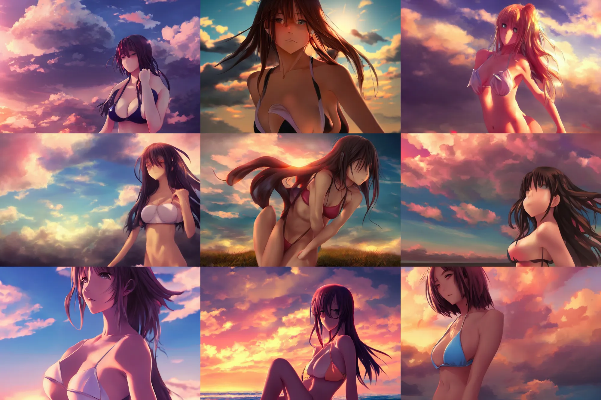 Prompt: front shot of one single beautiful anime girl in bikini top, manga, digital art by wlop. artstation contest winner, cinematic paint. dramatic cloud in background. sunset