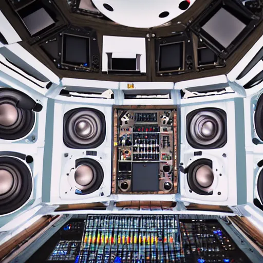 Image similar to giant speaker system and music studio in the interior of an international space station. modular synthesizers. photorealistic 35mm 4k cgsociety