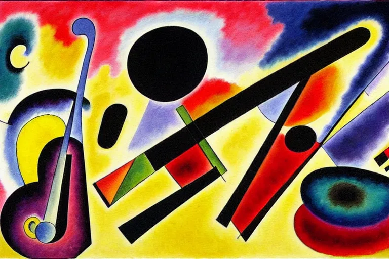 Prompt: jazz quintet, painting, kandinsky, saxophone, drums, piano, trumpet, realistic